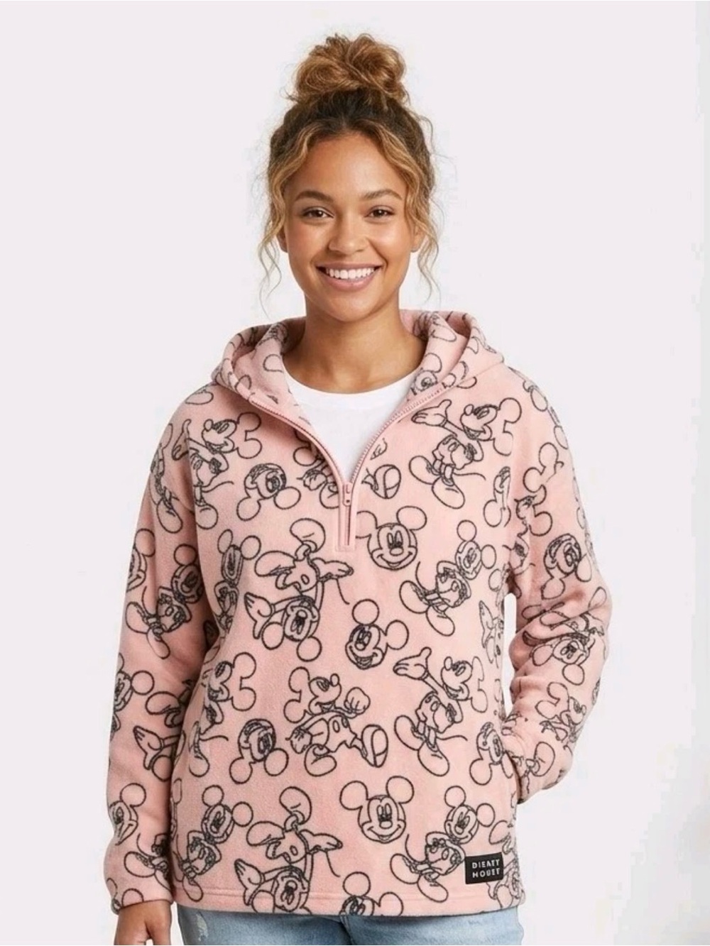 Disney Women's XL 15-17 Mickey Mouse Pink Fleece 1/4 Zip Pullover Hoodie